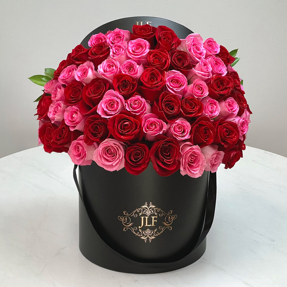 Medium Pink Round Box with Fresh Red Roses – Flowers By Crystal