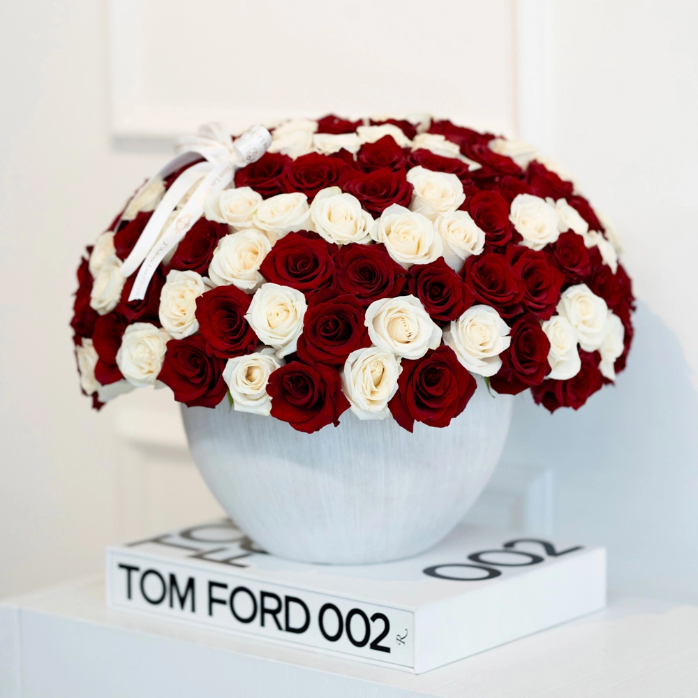 Red & White Roses in Large Vase