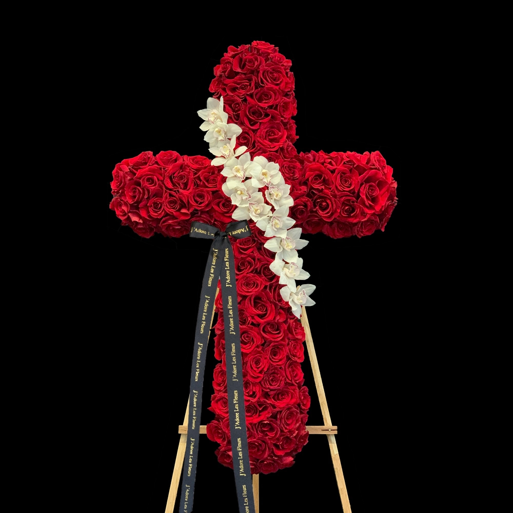 Red Rose & Orchids Standing Cross JLF Sympathy