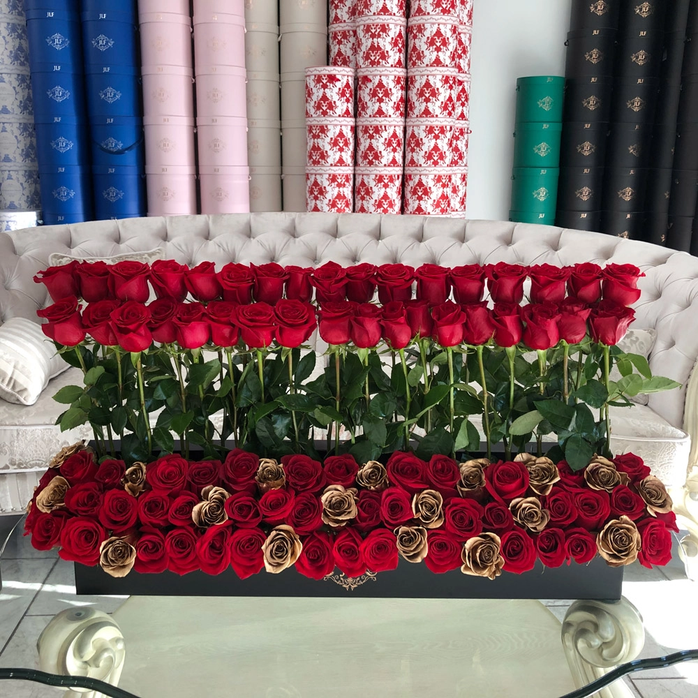 Signature Standing Red & Gold Roses In Rectangle Box