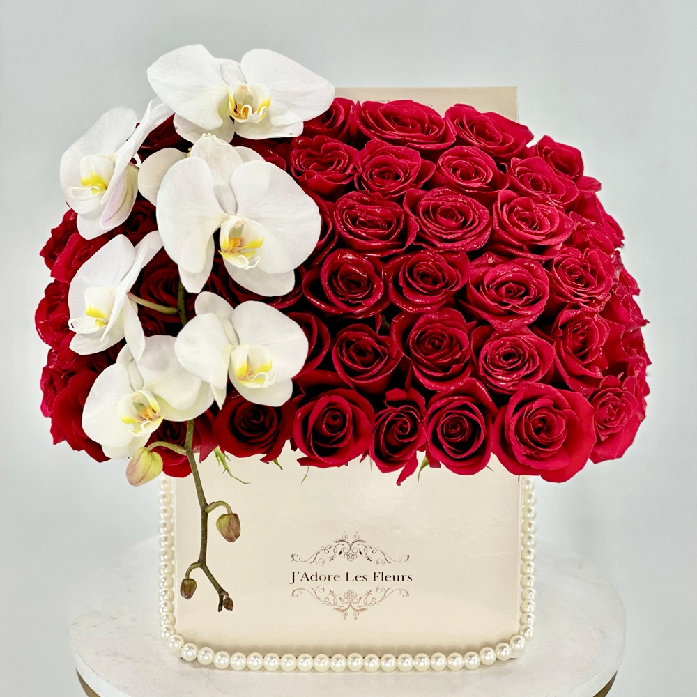 JLF Signature Roses and Orchids in a Square Box